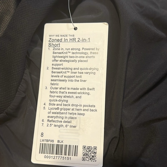 NWT Lululemon zoned in HR 2-in1 short | color: Black | Size: 8 - Picture 4 of 6